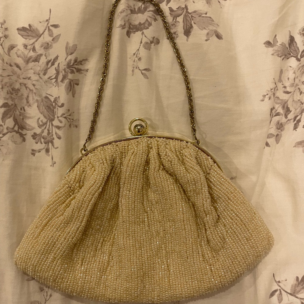 La Regale Cream Beaded Evening Clutch with Mini Strap